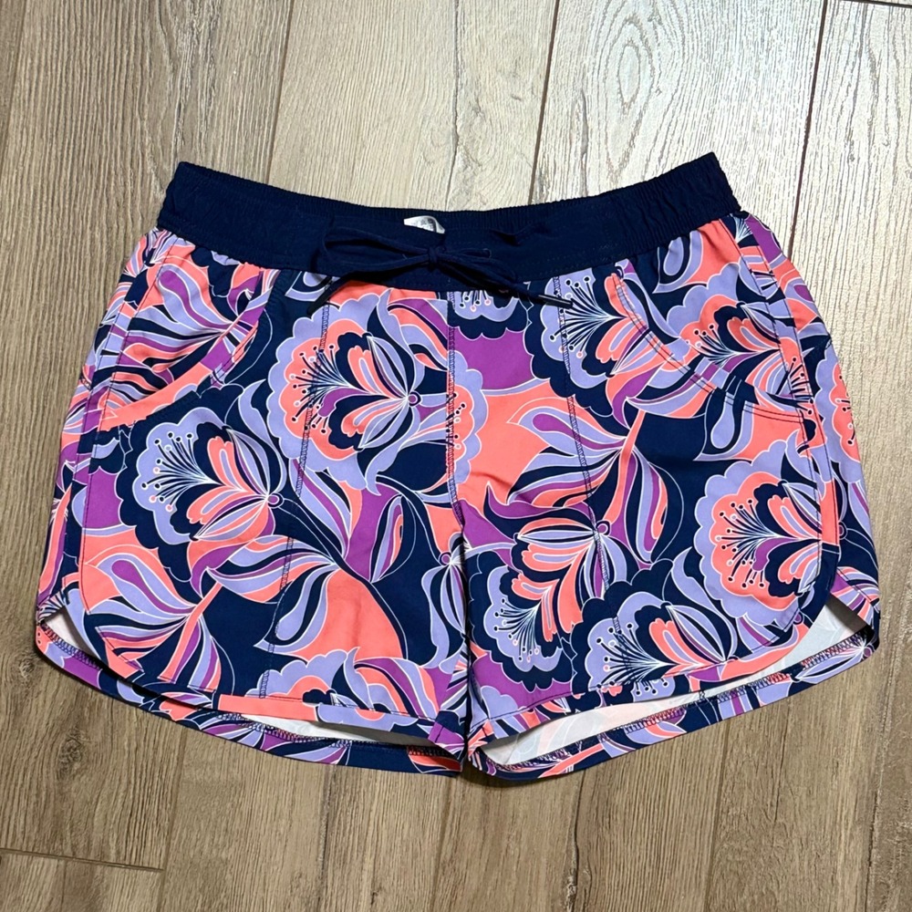 Lands End Floral Print Swim Trunks Shorts Navy Purple Coral Women's Size 2P